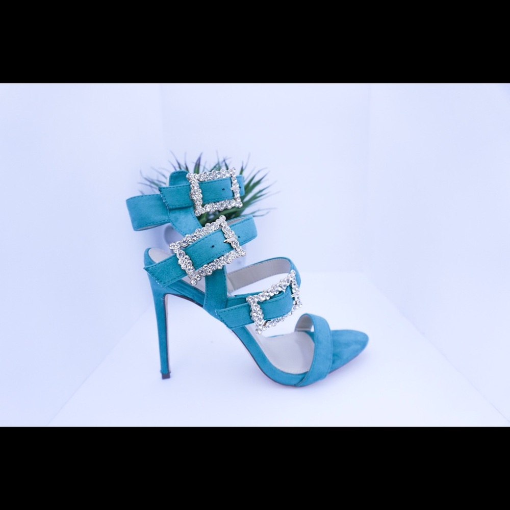 Aqua blue rhinestone heels